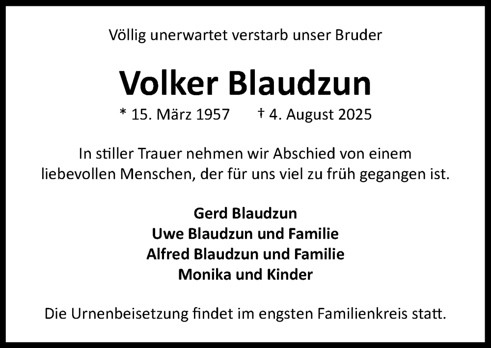  Traueranzeige für Volker Blaudzun vom 16.08.2025 aus Umschau