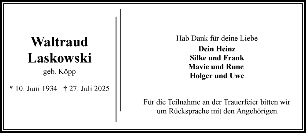  Traueranzeige für Waltraud Laskowski vom 02.08.2025 aus Wochenend Anzeiger