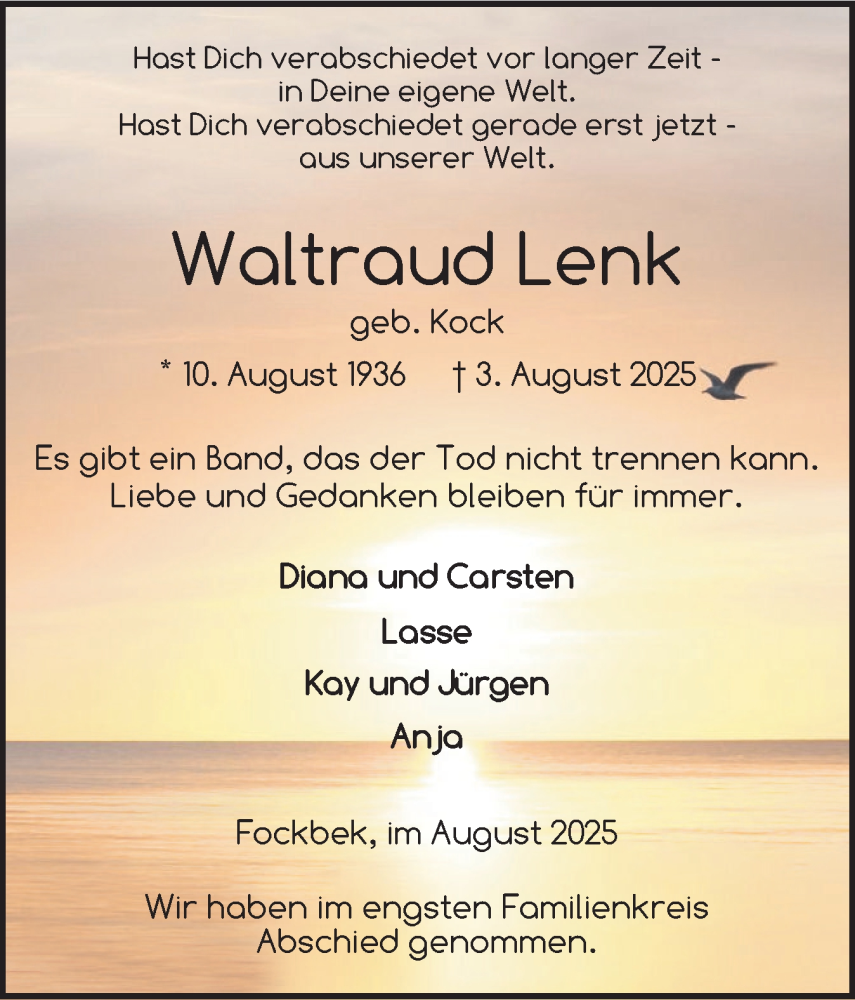  Traueranzeige für Waltraud Lenk vom 16.08.2025 aus Schleswig-Holsteinische Landeszeitung