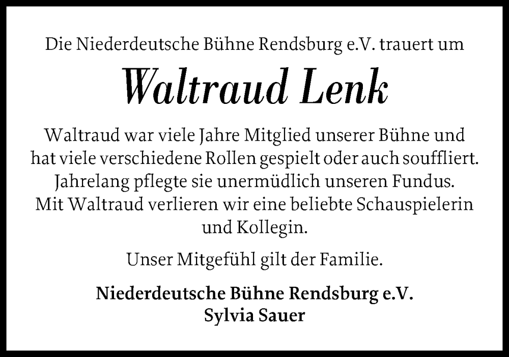  Traueranzeige für Waltraud Lenk vom 16.08.2025 aus Schleswig-Holsteinische Landeszeitung