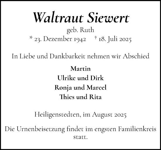 Traueranzeige von Waltraut Siewert von Norddeutsche Rundschau, Wilstersche Zeitung, Glückstädter Fortuna