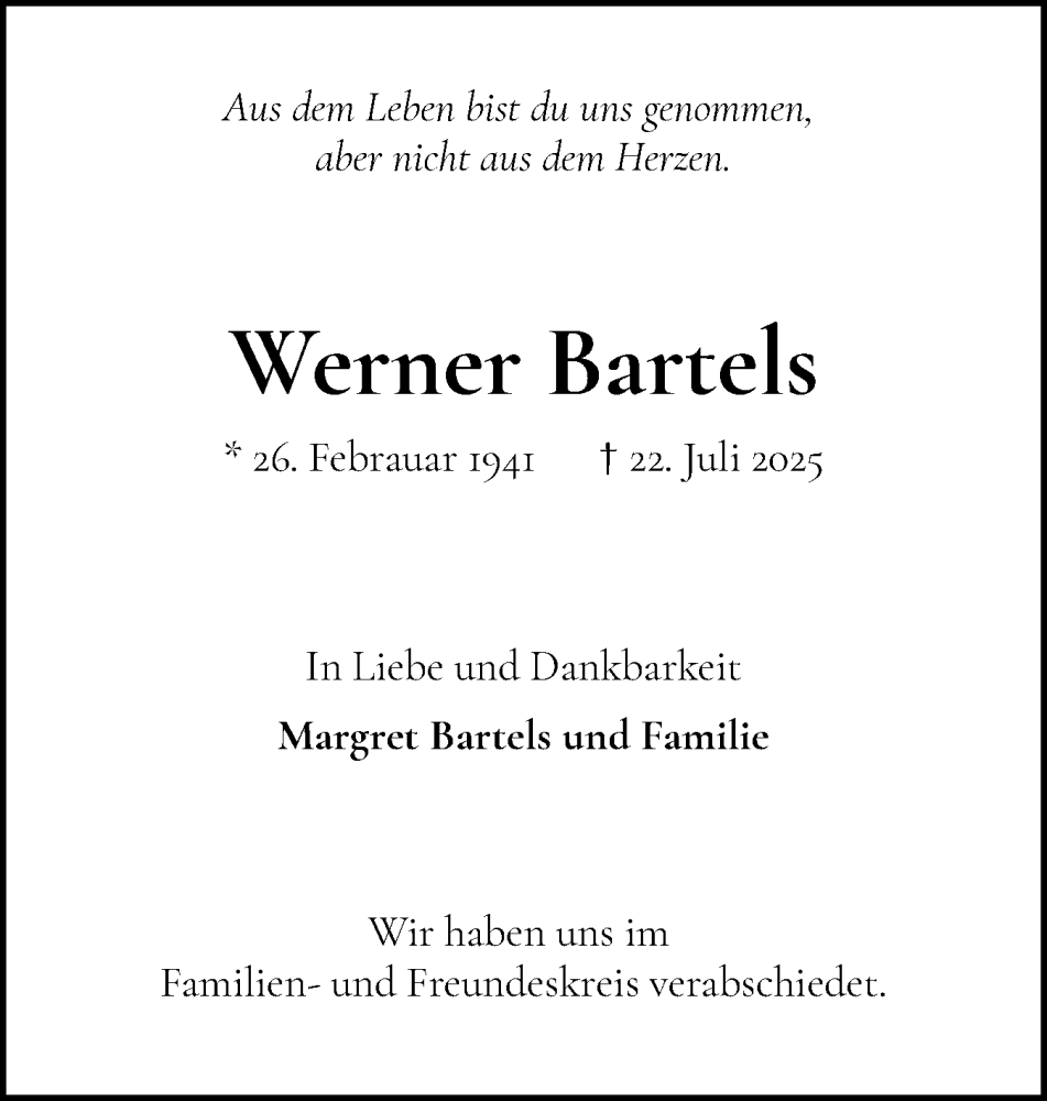  Traueranzeige für Werner Bartels vom 09.08.2025 aus Wedel-Schulauer Tageblatt, tip Wedel-Schulauer Tageblatt, tip Rissener Rundschau
