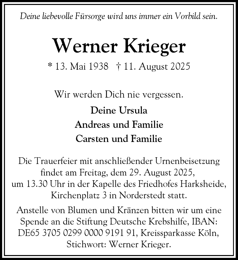  Traueranzeige für Werner Krieger vom 23.08.2025 aus Heimatspiegel