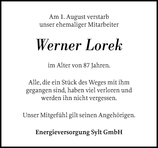Traueranzeige von Werner Lorek von Sylter Rundschau