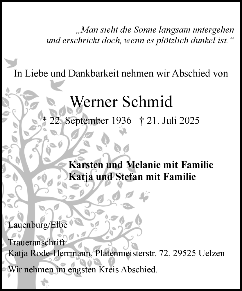  Traueranzeige für Werner Schmid vom 16.08.2025 aus Wochenend Anzeiger