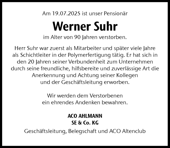 Traueranzeige von Werner Suhr von Schleswig-Holsteinische Landeszeitung