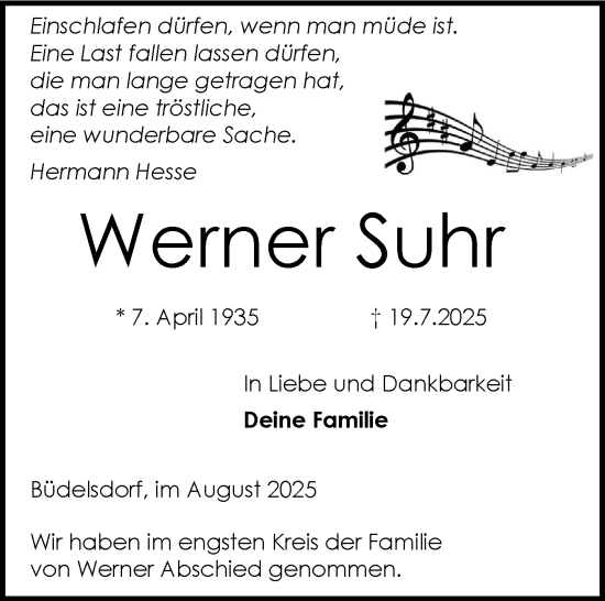 Traueranzeige von Werner Suhr von Schleswig-Holsteinische Landeszeitung