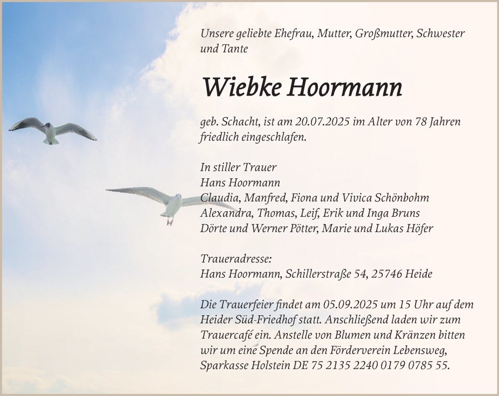  Traueranzeige für Wiebke Hoormann vom 02.08.2025 aus MARKT Bad Oldesloe/Reinfeld und Stormarner Tageblatt