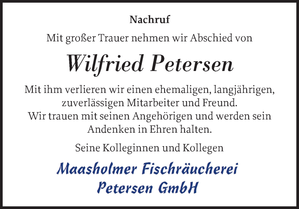  Traueranzeige für Wilfried Petersen vom 15.08.2025 aus Schleswiger Nachrichten, Schlei-Bote