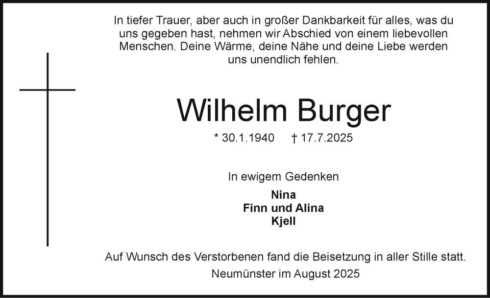  Traueranzeige für Wilhelm Burger vom 02.08.2025 aus Holsteinischer Courier