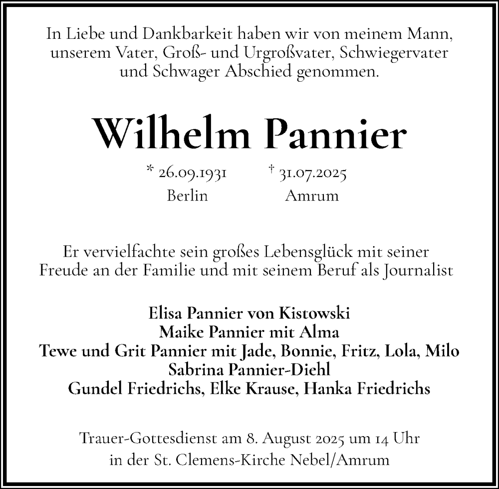  Traueranzeige für Wilhelm Pannier vom 06.08.2025 aus Der Insel-Bote