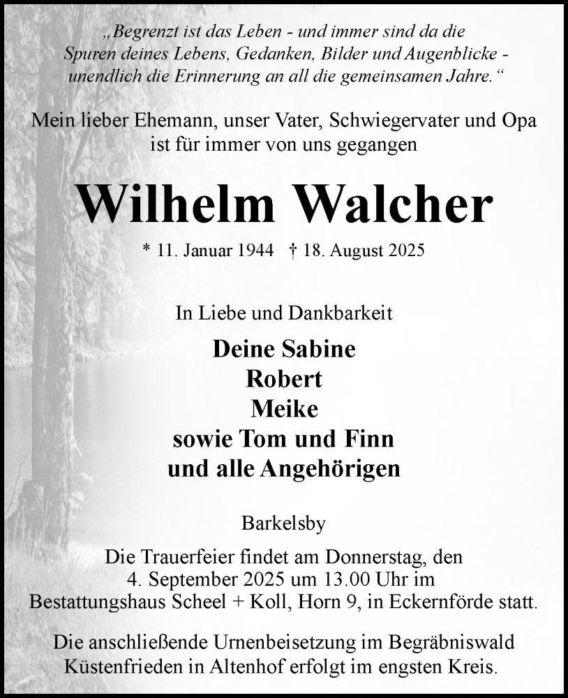  Traueranzeige für Wilhelm Walcher vom 30.08.2025 aus Eckernförder Zeitung, Hallo Eckernförde