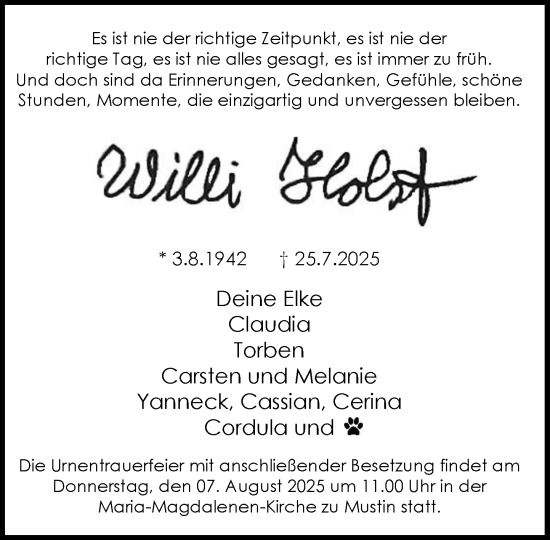 Traueranzeige von Willi Holst von MARKT Ratzeburg/Mölln