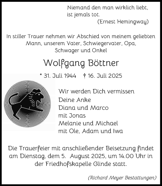 Traueranzeige von Wolfgang Böttner von MARKT Glinde/Reinbek