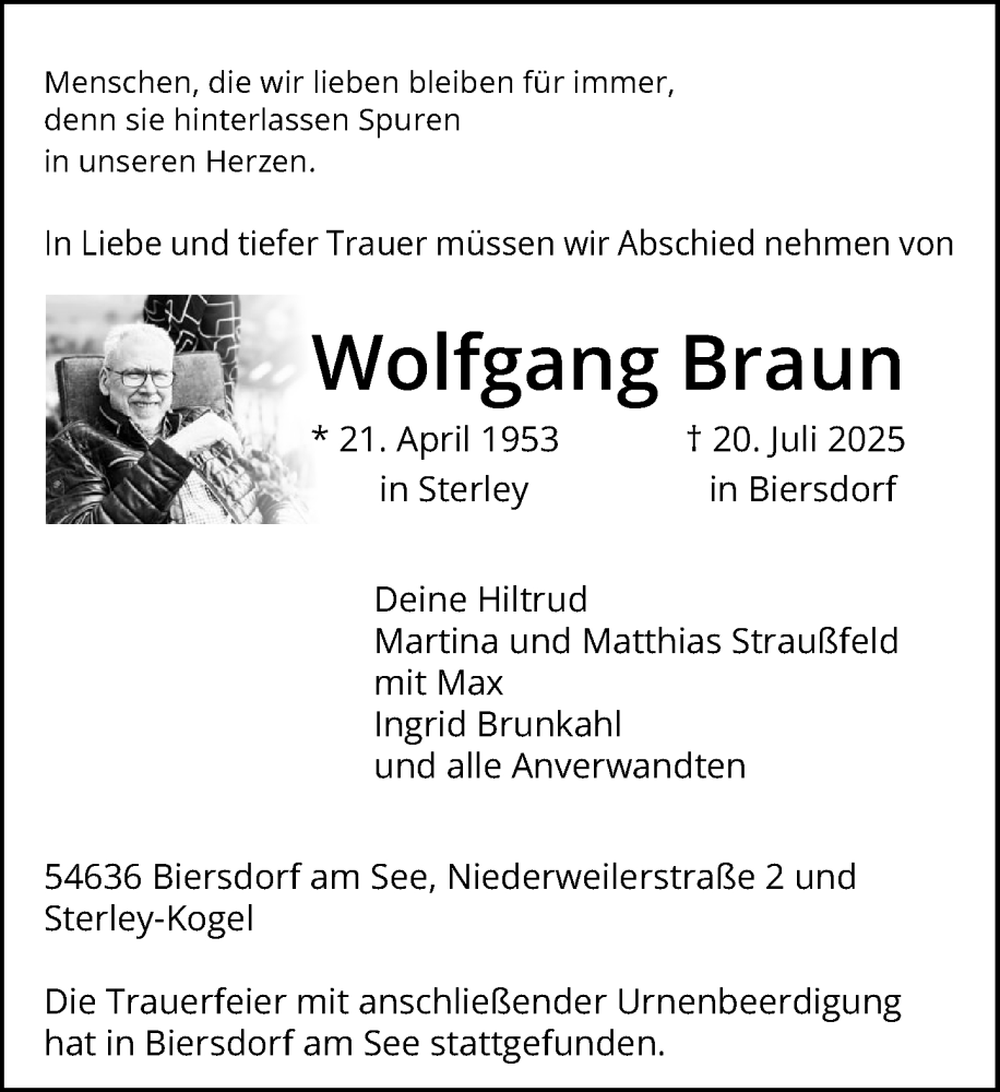  Traueranzeige für Wolfgang Braun vom 02.08.2025 aus MARKT Ratzeburg/Mölln