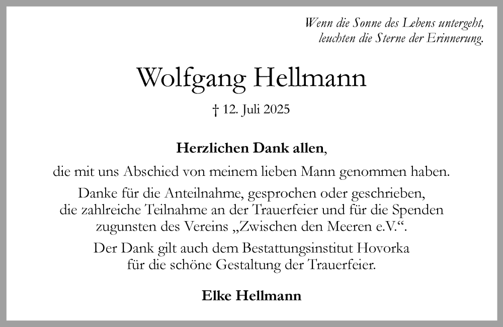  Traueranzeige für Wolfgang Hellmann vom 16.08.2025 aus Umschau