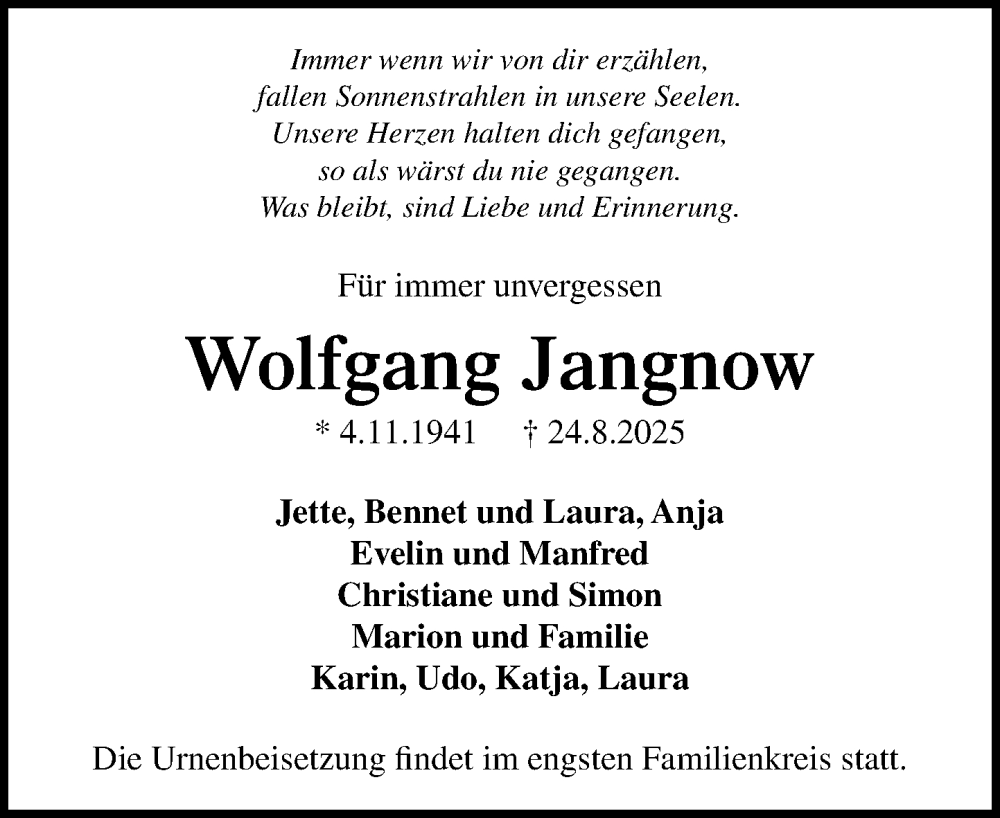  Traueranzeige für Wolfgang Jangnow vom 30.08.2025 aus MARKT Ratzeburg/Mölln