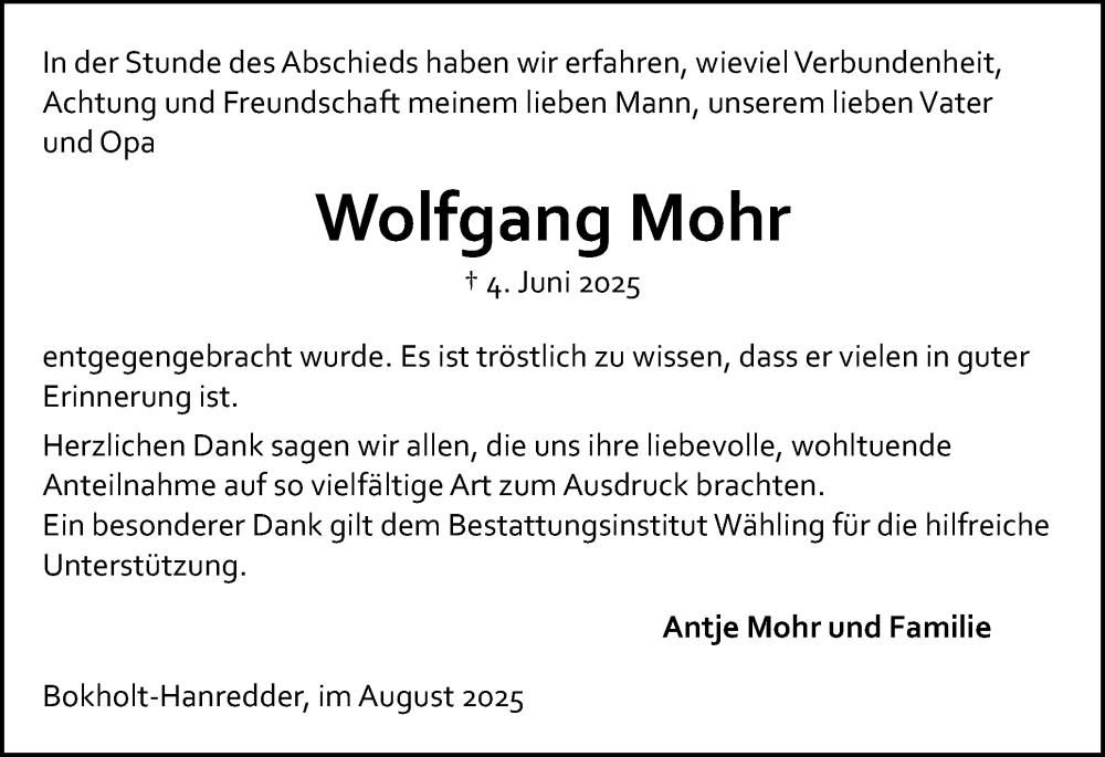  Traueranzeige für Wolfgang Mohr vom 23.08.2025 aus Elmshorner Nachrichten, Barmstedter Zeitung