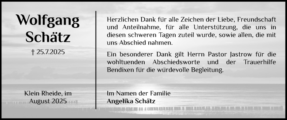  Traueranzeige für Wolfgang Schätz vom 30.08.2025 aus Schleswiger Nachrichten, Schlei-Bote