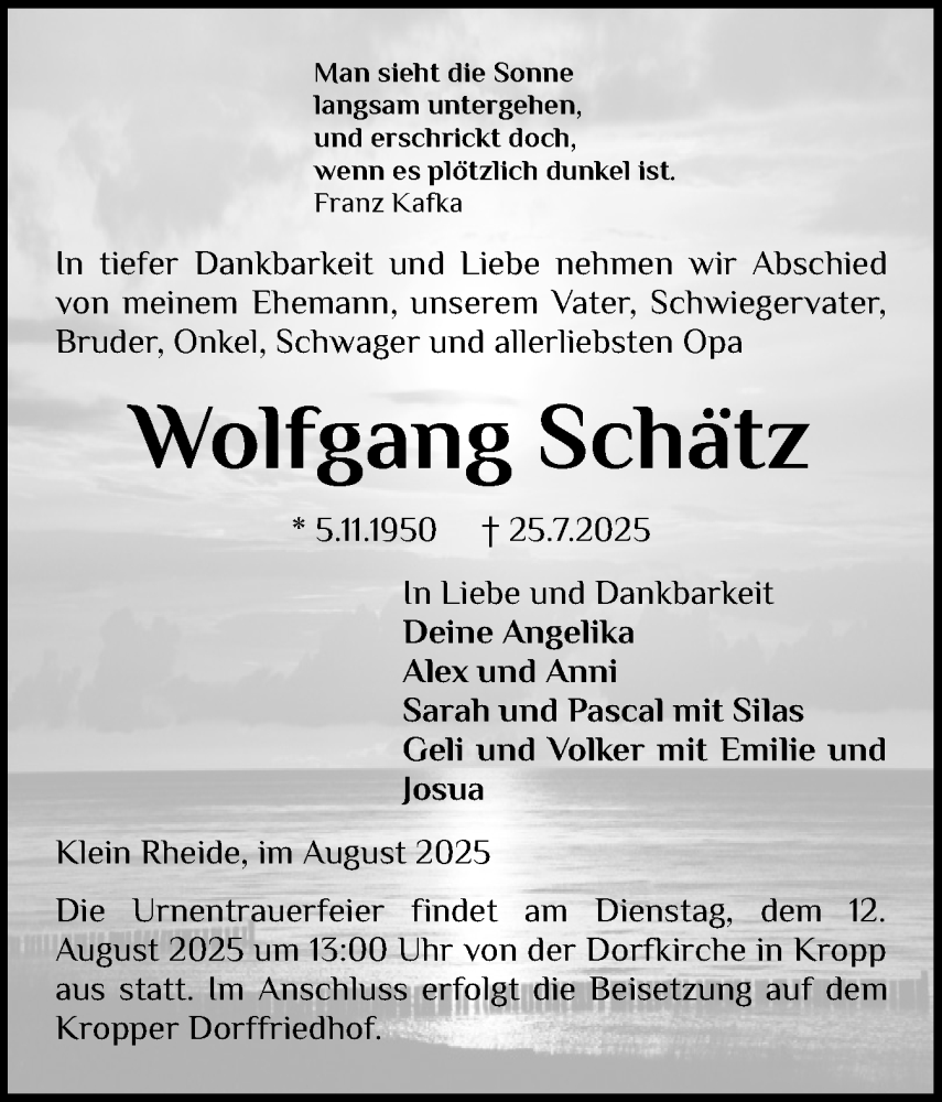  Traueranzeige für Wolfgang Schätz vom 09.08.2025 aus Schleswiger Nachrichten, Schlei-Bote