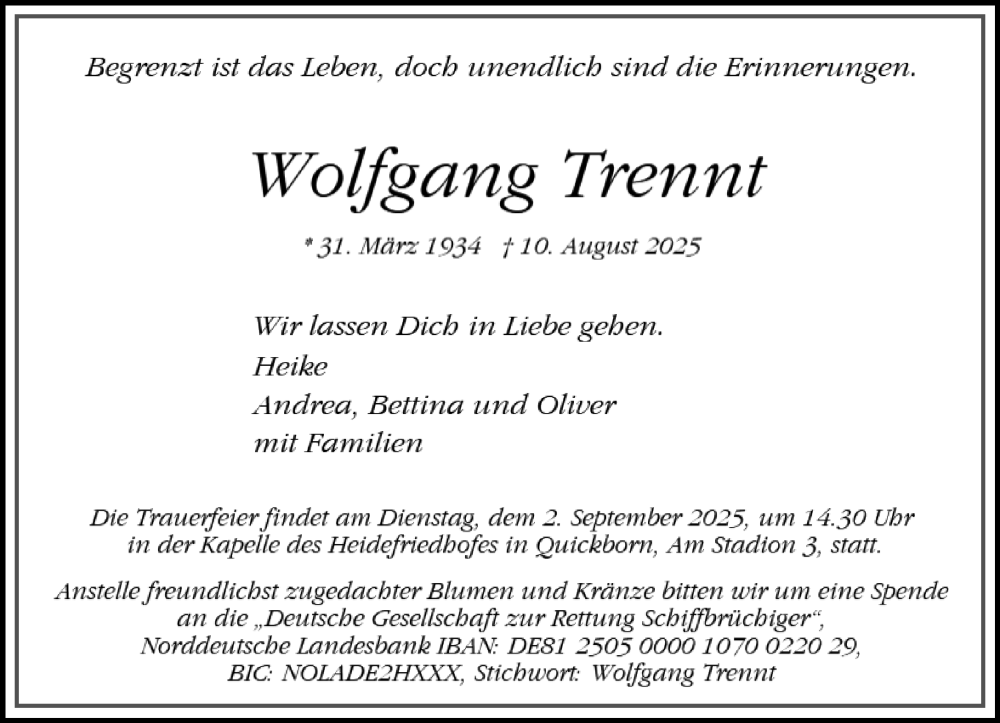  Traueranzeige für Wolfgang Trennt vom 23.08.2025 aus Umschau