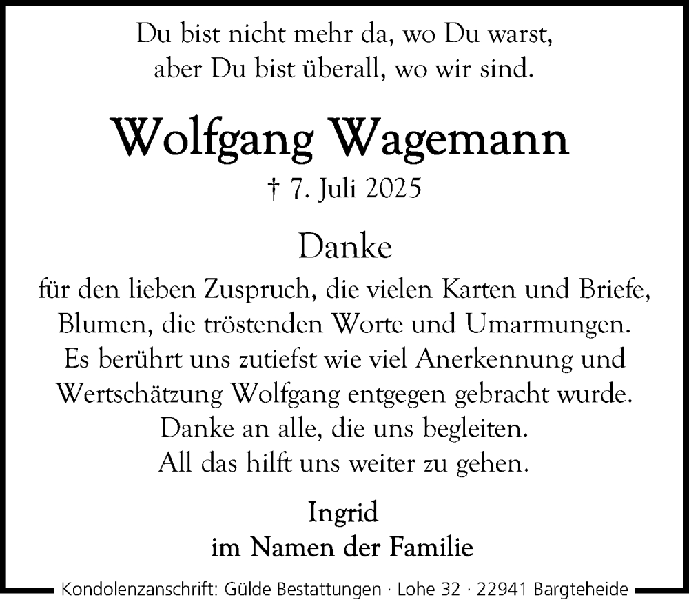  Traueranzeige für Wolfgang Wagemann vom 02.08.2025 aus MARKT Ahrensburg/Bargteheide/Trittau und Stormarner Tageblatt