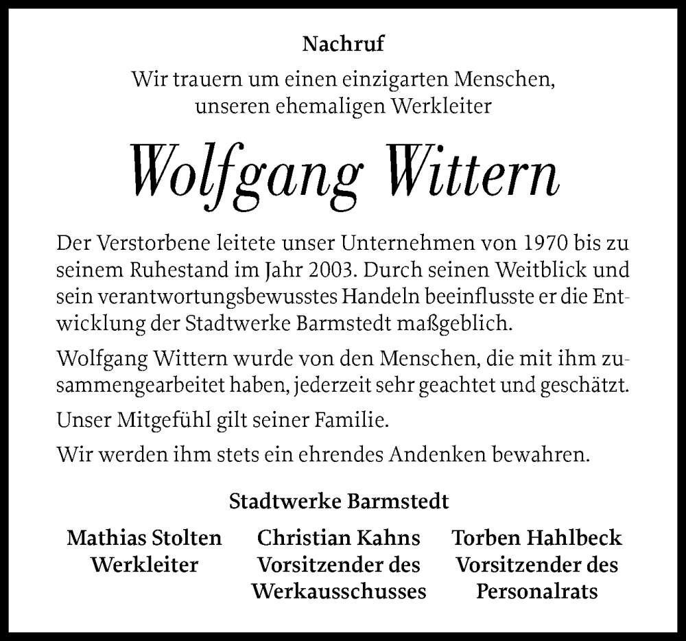  Traueranzeige für Wolfgang Wittern vom 16.08.2025 aus Elmshorner Nachrichten, Barmstedter Zeitung