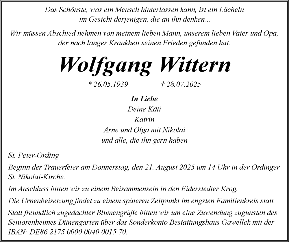  Traueranzeige für Wolfgang Wittern vom 13.08.2025 aus Elmshorner Nachrichten, Barmstedter Zeitung
