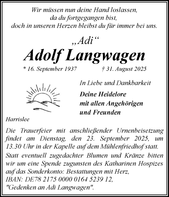 Traueranzeige von Adolf Langwagen von Flensburger Tageblatt