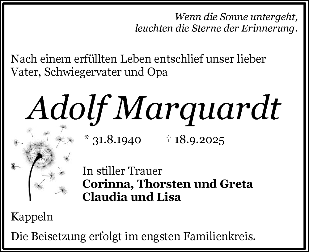  Traueranzeige für Adolf Marquardt vom 23.09.2025 aus Schleswiger Nachrichten, Schlei-Bote