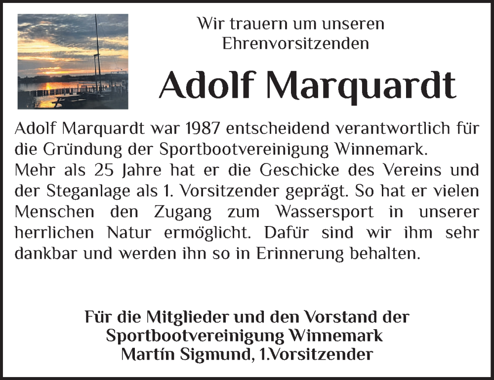  Traueranzeige für Adolf Marquardt vom 27.09.2025 aus Schleswiger Nachrichten, Schlei-Bote, Eckernförder Zeitung