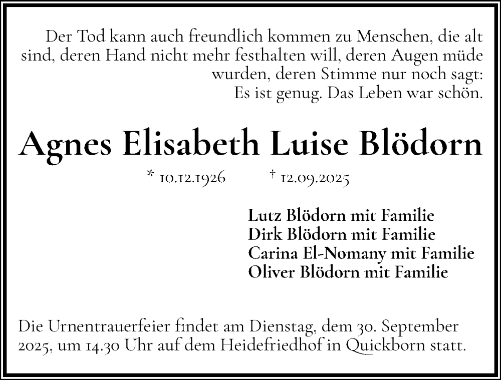  Traueranzeige für Agnes Elisabeth Luise Blödorn vom 27.09.2025 aus Region Pinneberg und tip Pinneberg