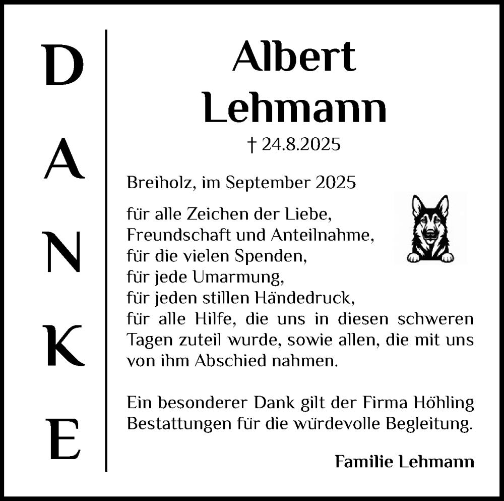  Traueranzeige für Albert Lehmann vom 20.09.2025 aus Schleswig-Holsteinische Landeszeitung