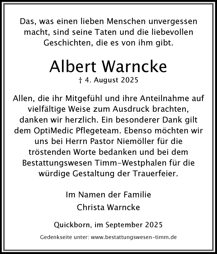  Traueranzeige für Albert Warncke vom 20.09.2025 aus Region Pinneberg und tip Pinneberg