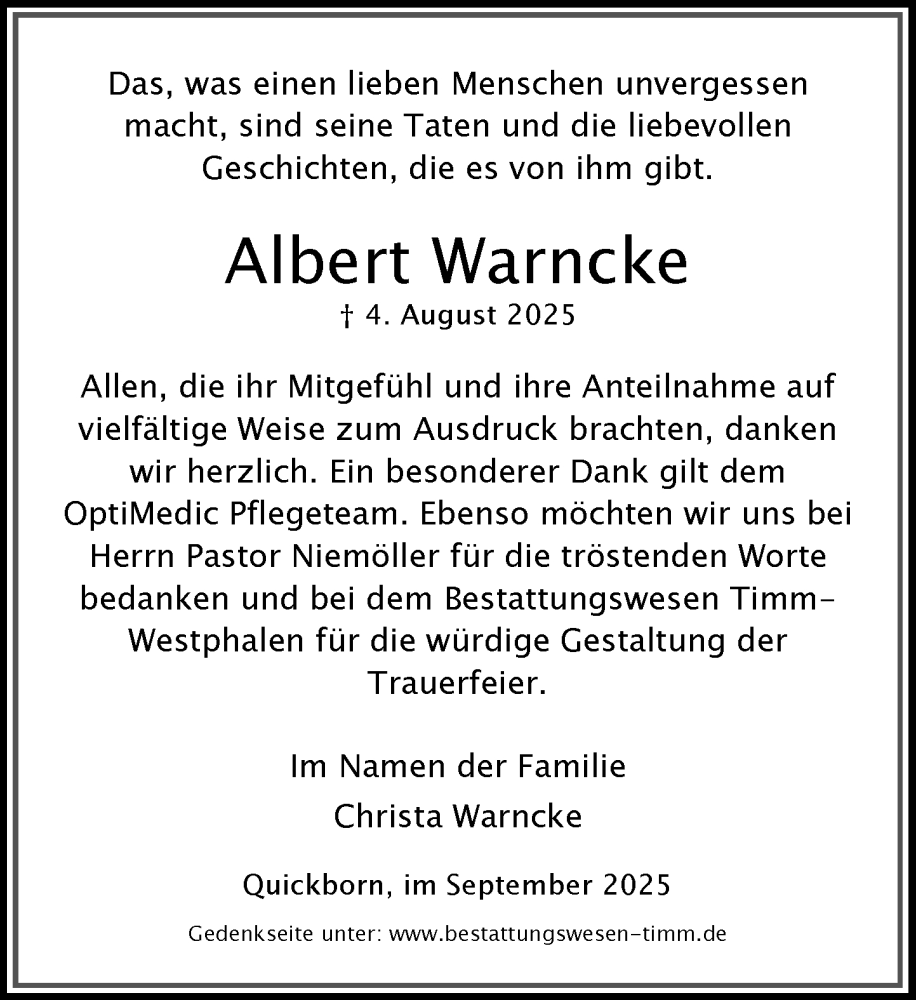  Traueranzeige für Albert Warncke vom 20.09.2025 aus Umschau