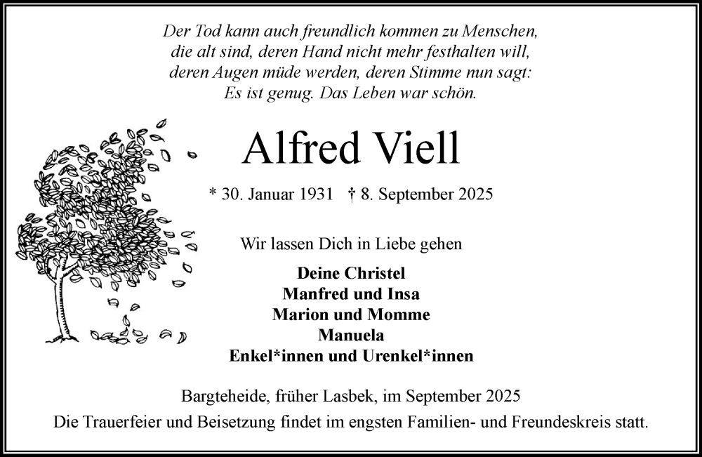  Traueranzeige für Alfred Viell vom 13.09.2025 aus MARKT Ahrensburg/Bargteheide/Trittau und Stormarner Tageblatt