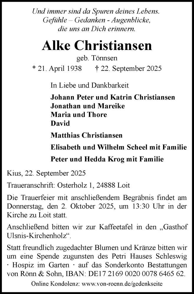  Traueranzeige für Alke Christiansen vom 27.09.2025 aus Schleswiger Nachrichten, Schlei-Bote