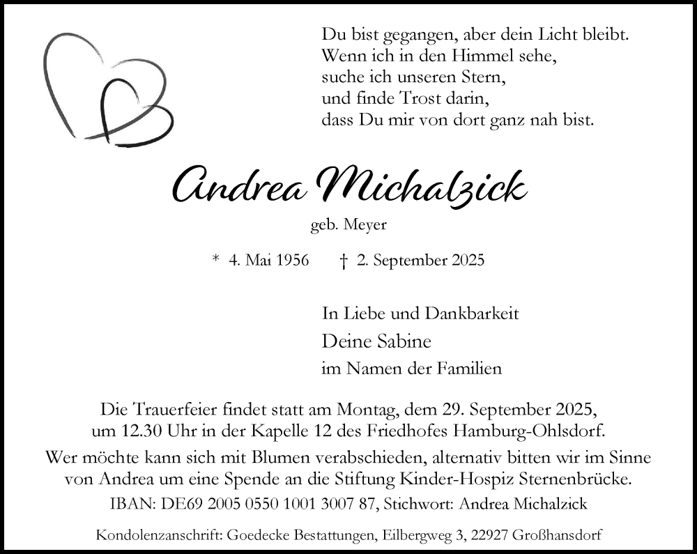  Traueranzeige für Andrea Michalzick vom 20.09.2025 aus MARKT Ahrensburg/Bargteheide/Trittau und Stormarner Tageblatt