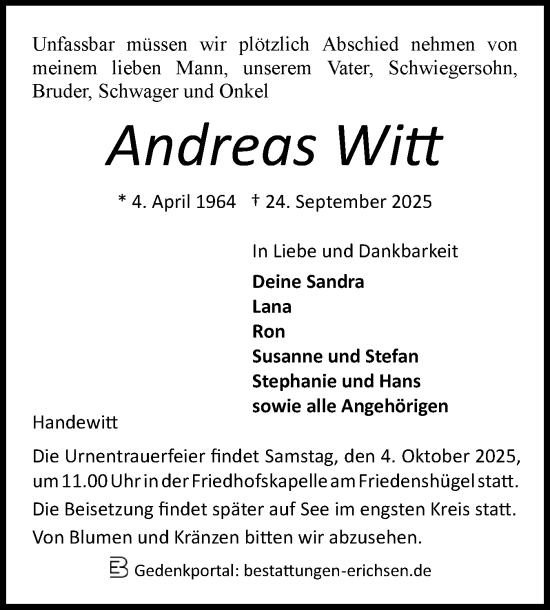 Traueranzeige von Andreas Witt von Flensburger Tageblatt