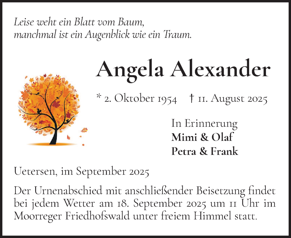  Traueranzeige für Angela Alexander vom 13.09.2025 aus Uetersener Nachrichten, Der tip am Wochenende