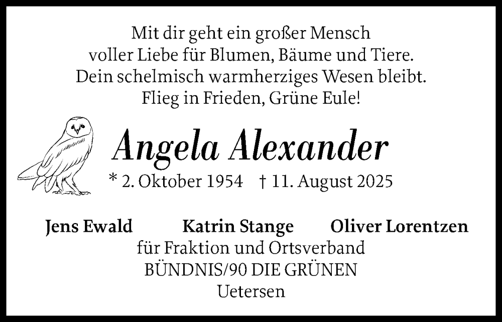  Traueranzeige für Angela Alexander vom 13.09.2025 aus Uetersener Nachrichten, Der tip am Wochenende
