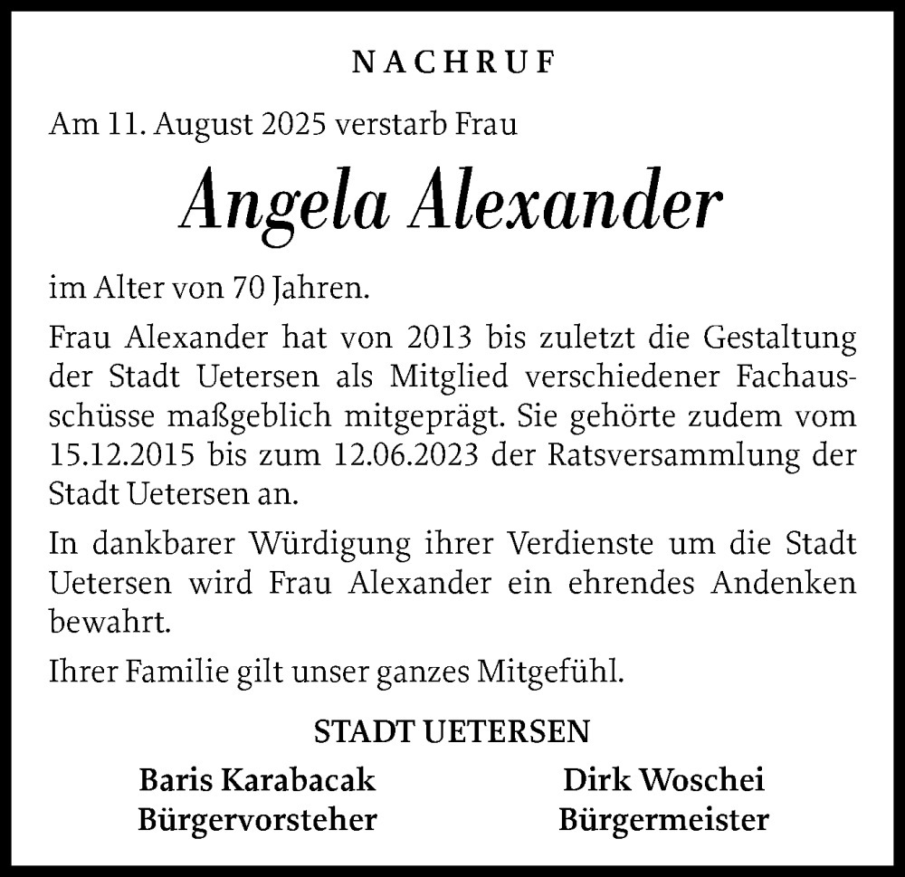  Traueranzeige für Angela Alexander vom 20.09.2025 aus Uetersener Nachrichten