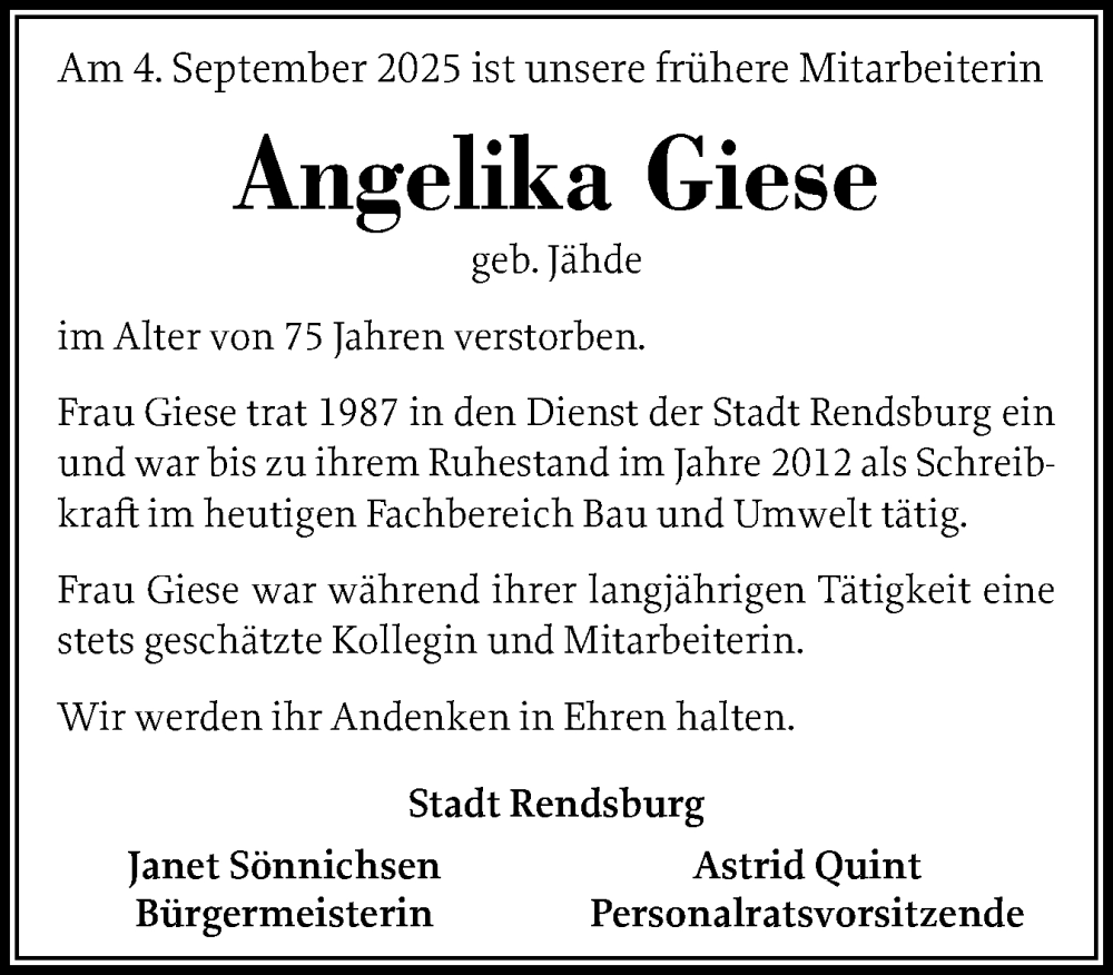  Traueranzeige für Angelika Giese vom 19.09.2025 aus Schleswig-Holsteinische Landeszeitung