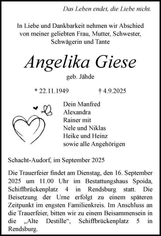 Traueranzeige von Angelika Giese von Schleswig-Holsteinische Landeszeitung