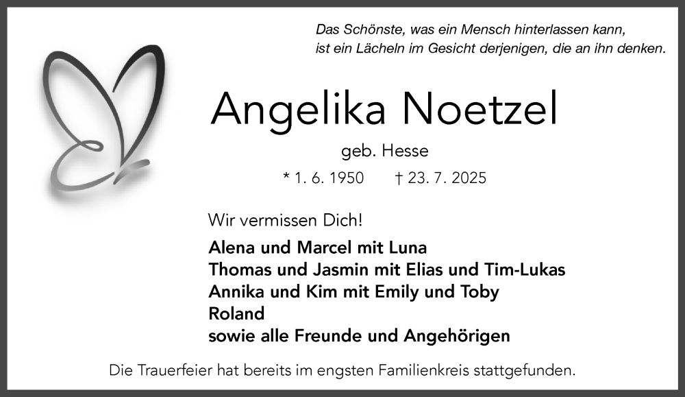  Traueranzeige für Angelika Noetzel vom 06.09.2025 aus Umschau