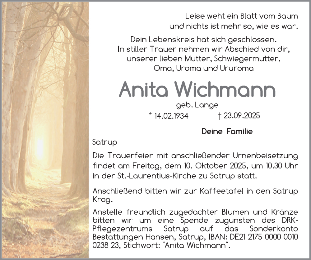  Traueranzeige für Anita Wichmann vom 27.09.2025 aus Flensburger Tageblatt