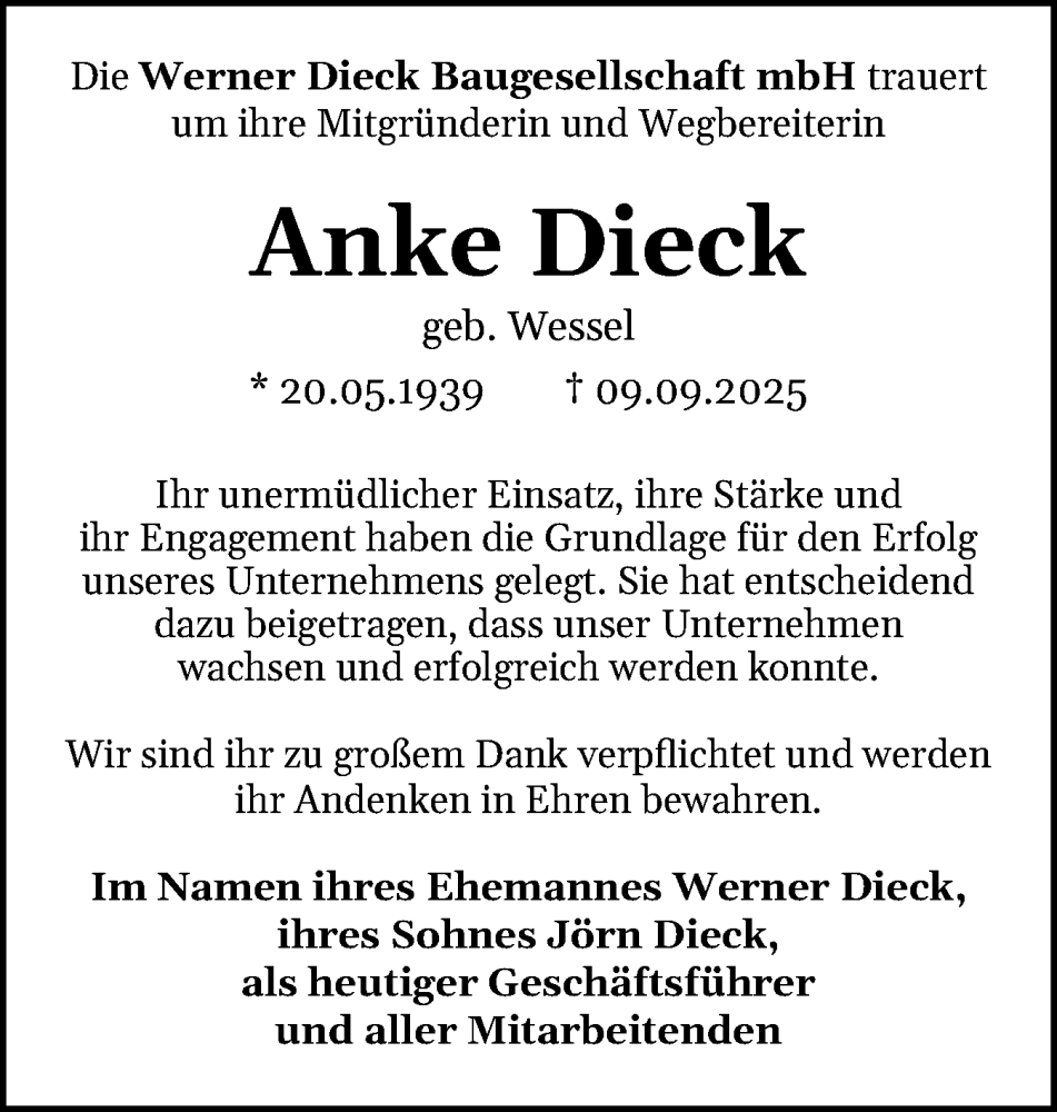  Traueranzeige für Anke Dieck vom 27.09.2025 aus Region Steinburg-Elmshorn