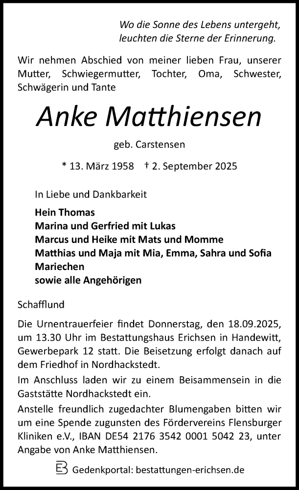  Traueranzeige für Anke Matthiensen vom 10.09.2025 aus Flensburger Tageblatt