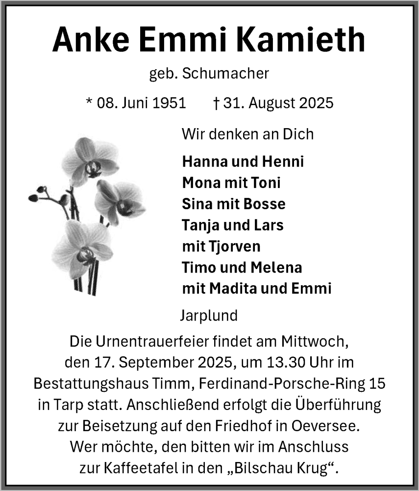 Traueranzeige für Anke Emmi Kamieth vom 10.09.2025 aus Flensburger Tageblatt