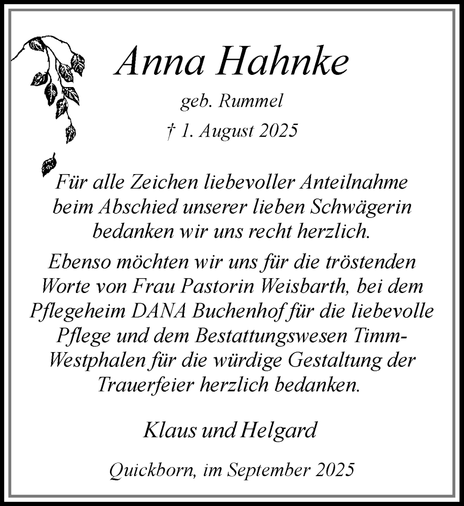  Traueranzeige für Anna Hahnke vom 06.09.2025 aus Umschau
